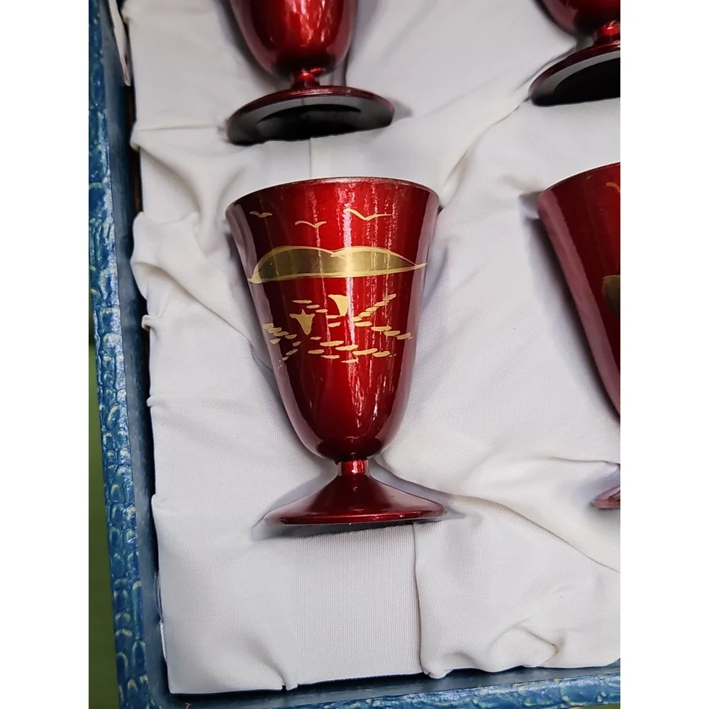 Japanese Aizu Lacquerware Sake Cups Tray Set MT FUJI Red Lacquer Gold Gilt‎ VTG